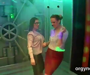 Elegant babes give a blowjob and enjoy shagging and group sex