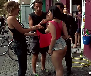 Big tits slave gangbang fucked in public