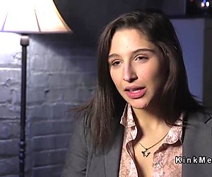 Brunette in bondage anal and deep throat fucked