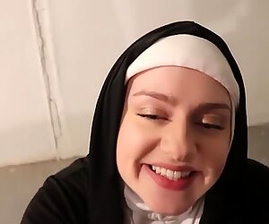 promiscuous Nun strokes youthfull Black Cock Before Halloween Party