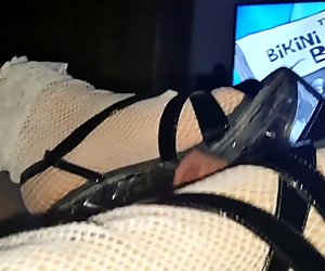 Wifes frilly sock footjob with high heels